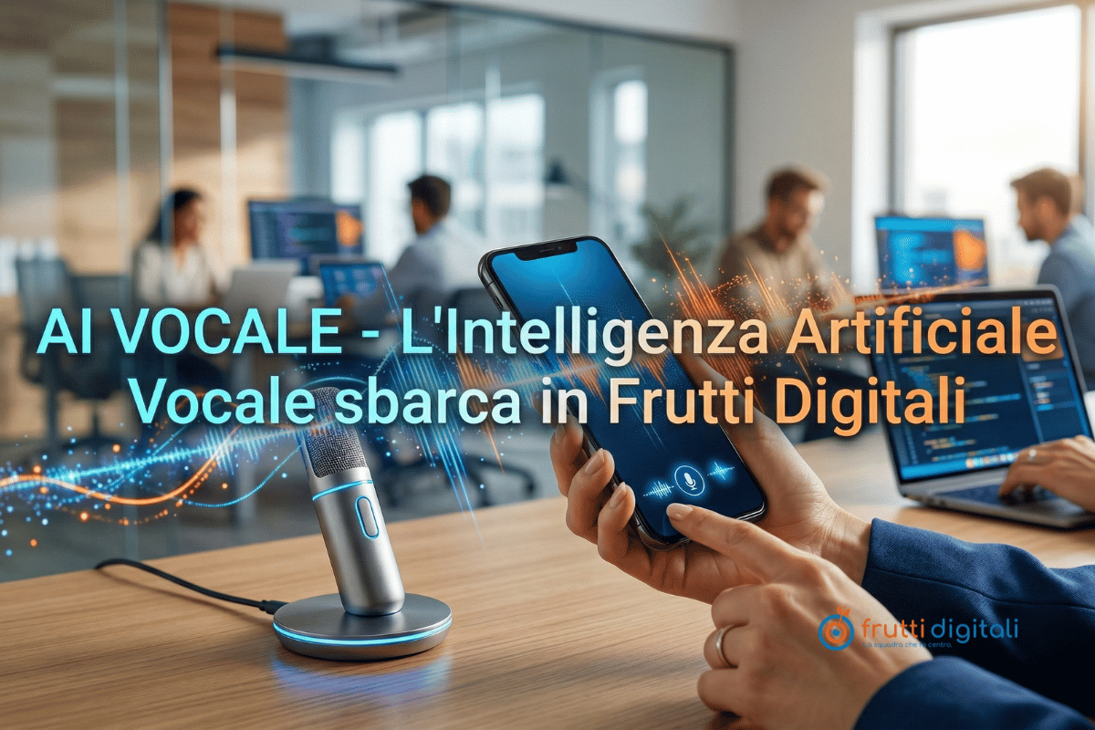 AI-VOCALE-Intelligenza-Artificiale-Vocale-sbarca-in-Frutti-Digitali Un primo piano delle mani di una persona che tengono uno smartphone con un'interfaccia di assistente vocale e un microfono USB professionale su una scrivania di legno, con un ufficio in stile coworking sfocato sullo sfondo. Il testo sovrapposto recita 'AI VOCALE - L'Intelligenza Artificiale Vocale sbarca in Frutti Digitali', con un logo 'frutti digitali' nell'angolo inferiore destro