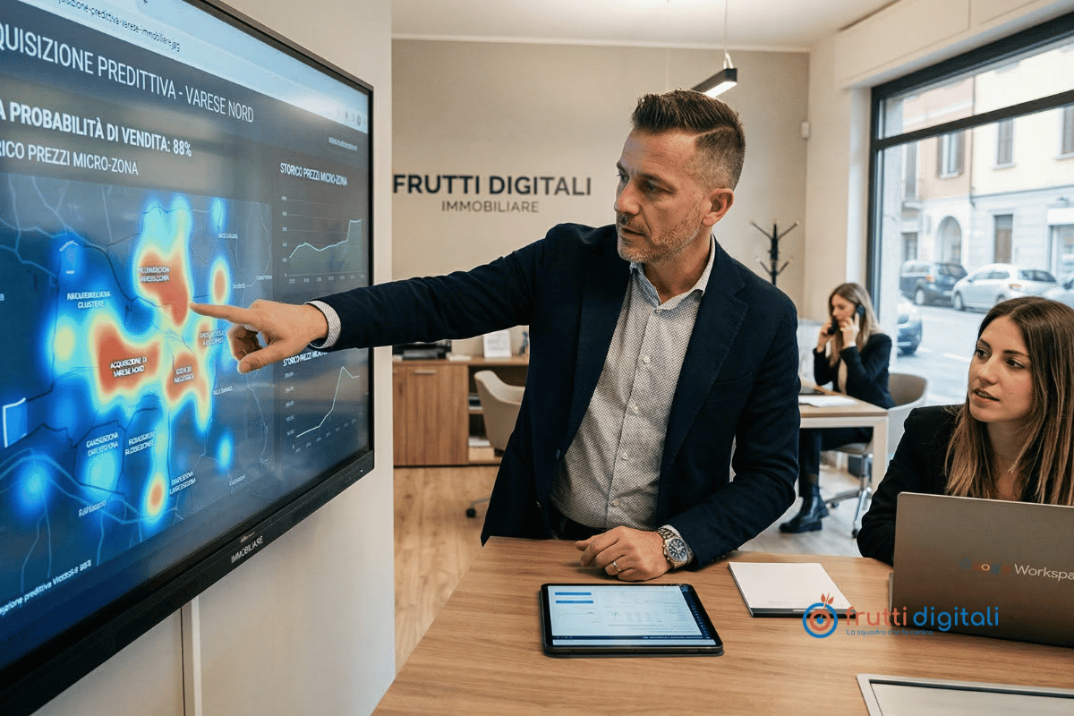 acquisizione-predittiva-immobiliare-varese-novara Titolare agenzia immobiliare analizza mappa predittiva AI a Varese con Frutti Digitali