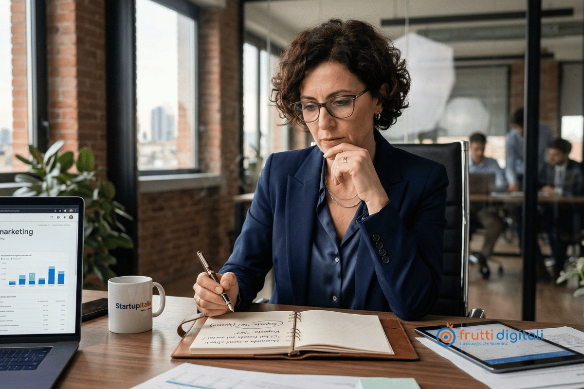 Fotografia realistica di una donna d'affari pensierosa seduta alla scrivania mentre esamina un quaderno con scritto 'Risposta: NO' e un laptop con grafici di analytics. L'immagine rappresenta il dubbio sull'efficacia del marketing digitale e dell'attribuzione.