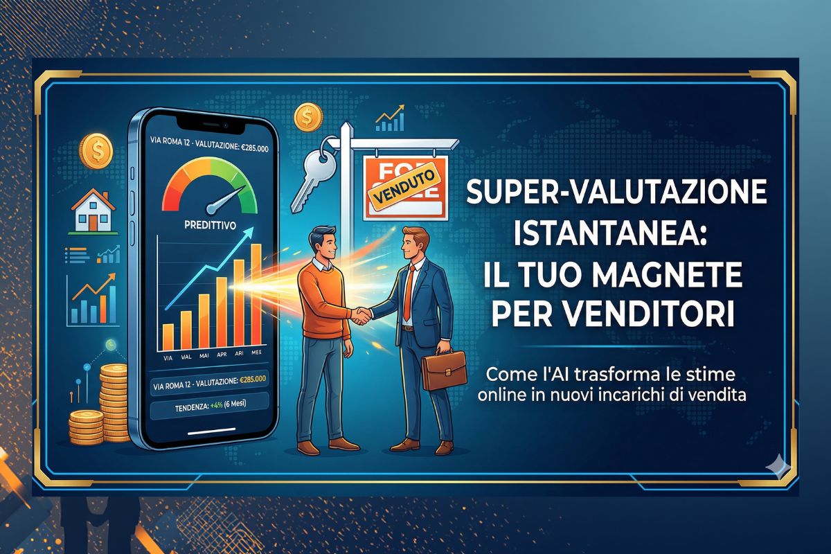 Illustrazione digitale che mostra un agente immobiliare che stringe la mano a un proprietario davanti a un cartello "Venduto". A sinistra, uno smartphone visualizza un grafico e una dashboard di valutazione predittiva basata sull'intelligenza artificiale, con il testo "Super-Valutazione Istantanea"