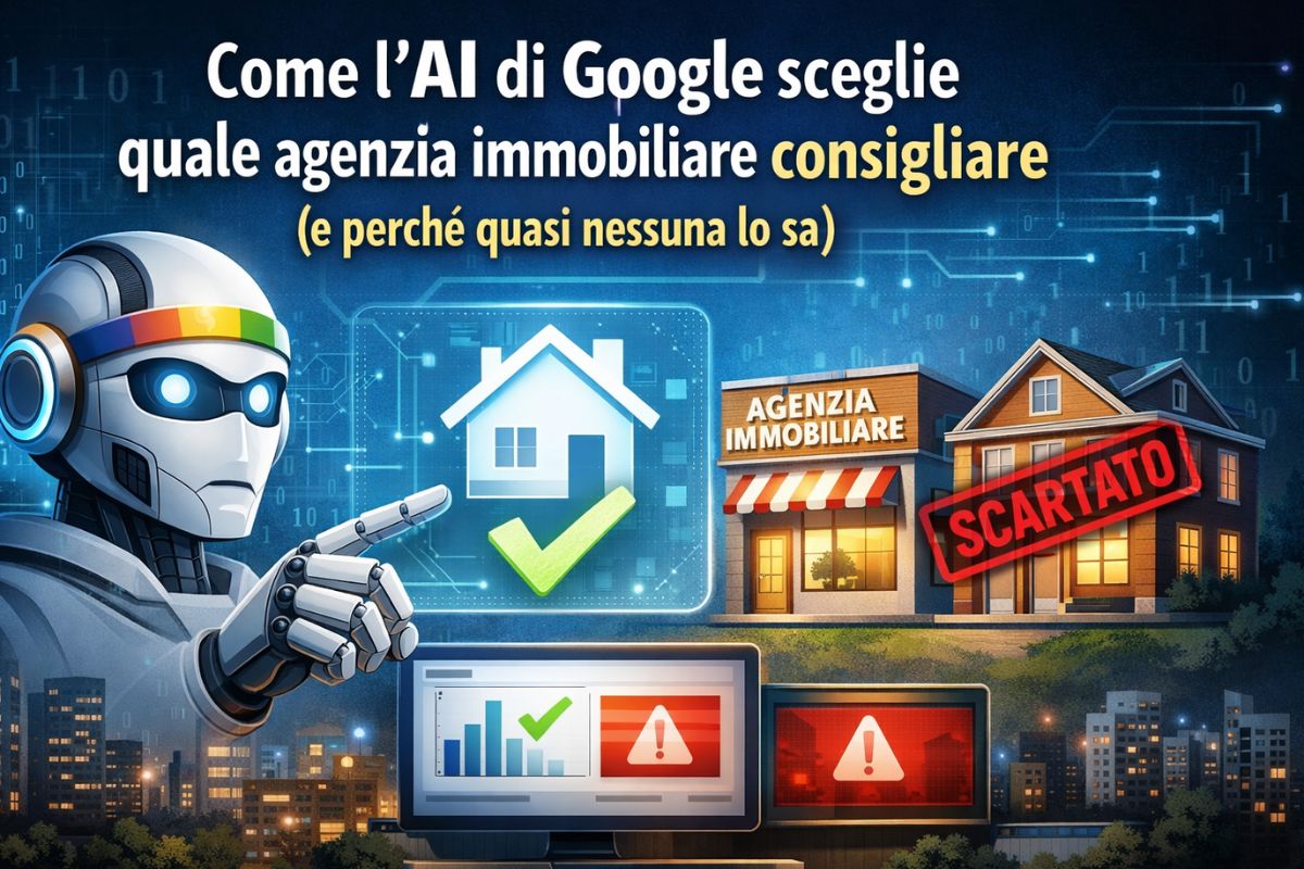 AI e Local SEO per agenzie immobiliari: come Google decide chi consigliare nel 2026 Illustrazione che rappresenta l'intelligenza artificiale di Google che analizza e valuta la scheda di un'agenzia immobiliare locale per decidere chi raccomandare