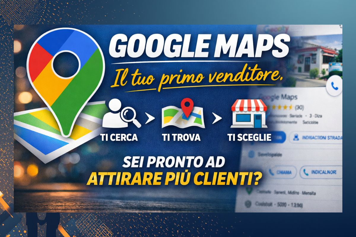 google-maps-primo-venditore-local-marketing-frutti-digitali Illustrazione grafica di Google Maps come strumento di marketing locale che guida la scelta dei clienti tra diverse attività commerciali