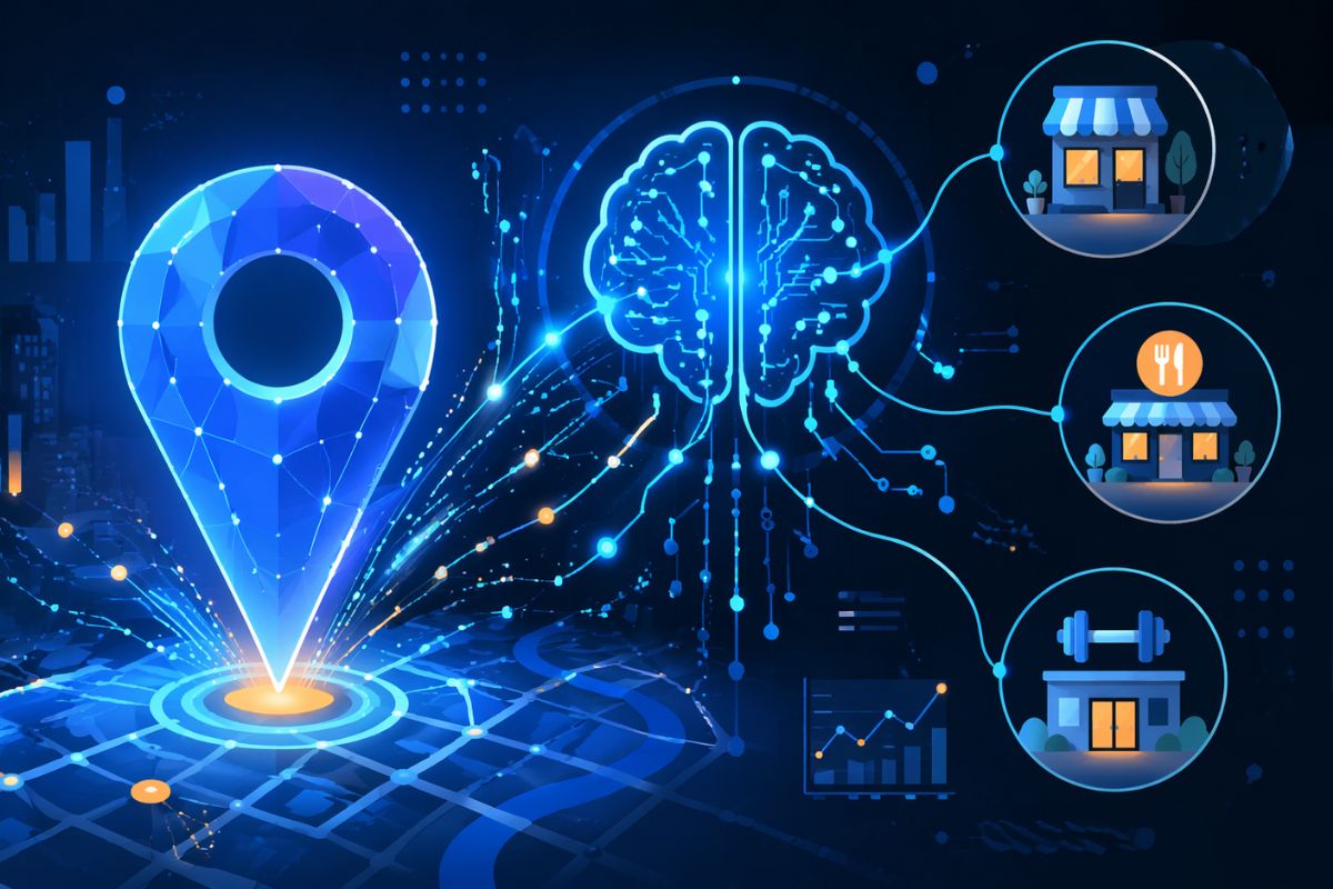 local-seo-intelligenza-artificiale-google-maps Illustrazione che rappresenta l'evoluzione della Local SEO con l'intelligenza artificiale: spillo di Google Maps connesso a reti neurali e icone di attività locali