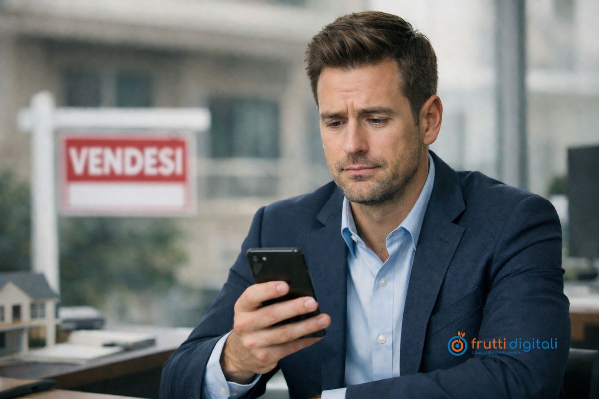 Marketing digitale per agenzie immobiliari: quando i video non bastano Agente immobiliare con smartphone in mano che guarda i risultati sui social media invece di acquisire incarichi di vendita