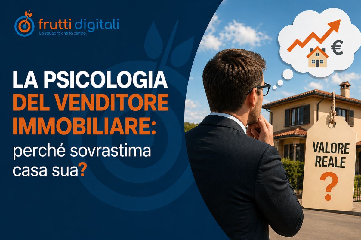 Grafica con agente immobiliare che osserva una casa e riflette sul valore, rappresentazione della sovrastima del prezzo immobiliare