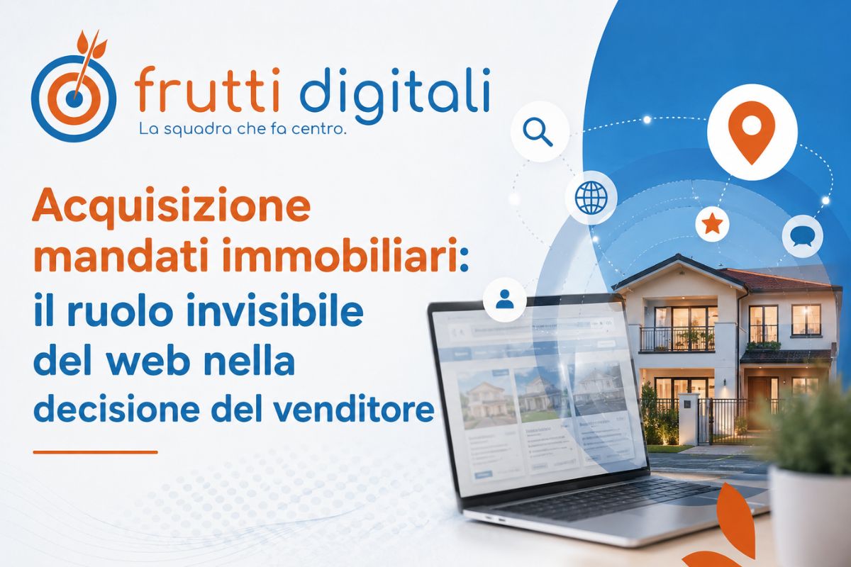 Acquisizione mandati immobiliari – il ruolo invisibile del web nella decisione del venditore | Frutti Digitali Illustrazione moderna per blog post di Frutti Digitali dedicato all’acquisizione di mandati immobiliari. Nell’immagine compaiono un laptop con portale immobiliare, una casa moderna e icone digitali che rappresentano il ruolo del web nella scelta dell’agenzia immobiliare da parte dei venditori.