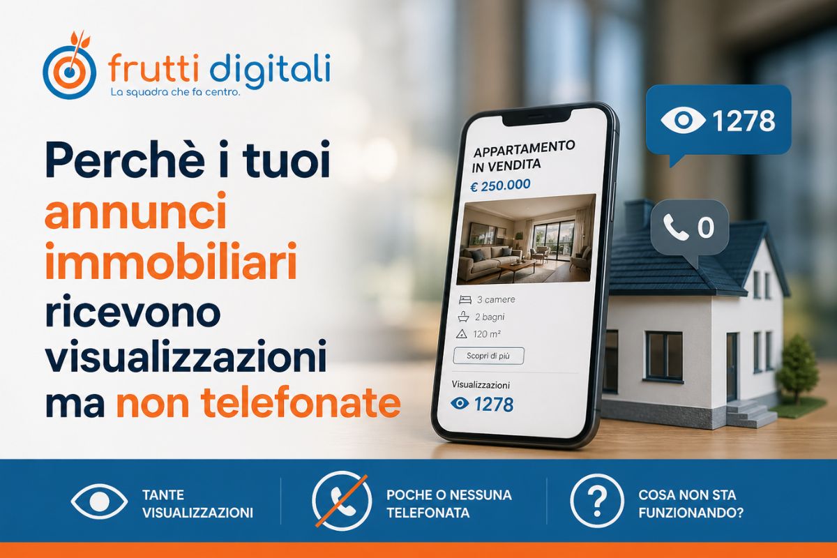 Anteprima grafica di un blog post che mostra un annuncio immobiliare su smartphone con molte visualizzazioni ma zero chiamate, evidenziando il problema della mancata conversione