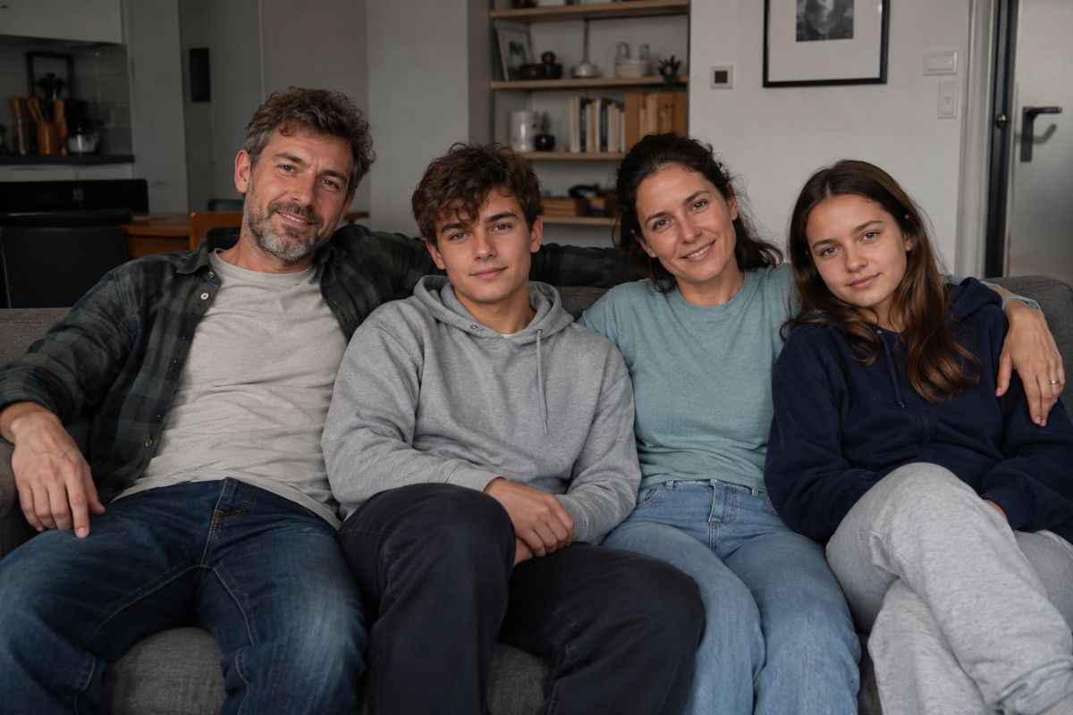 Uomo di circa 45 anni seduto sul divano del soggiorno insieme alla moglie e a due figli adolescenti all'interno di un piccolo appartamento accogliente e luminoso.