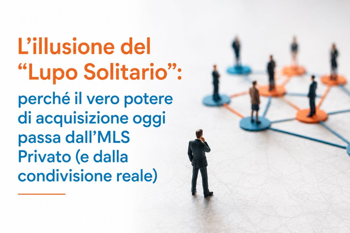 Consulente immobiliare isolato osserva una rete di professionisti collegati tra loro. L'immagine rappresenta il vantaggio della collaborazione e dell'MLS Privato per aumentare le opportunità di acquisizione immobiliare.