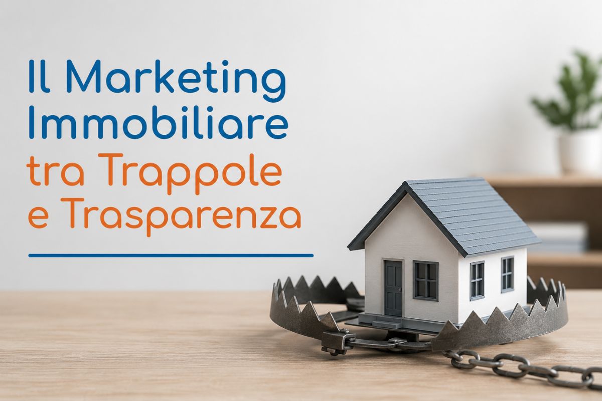Illustrazione realistica di una casa in miniatura circondata da una trappola metallica, simbolo delle insidie del marketing immobiliare. Sul lato sinistro compare il titolo "Il Marketing Immobiliare tra Trappole e Trasparenza" con colori blu e arancione su sfondo minimal.