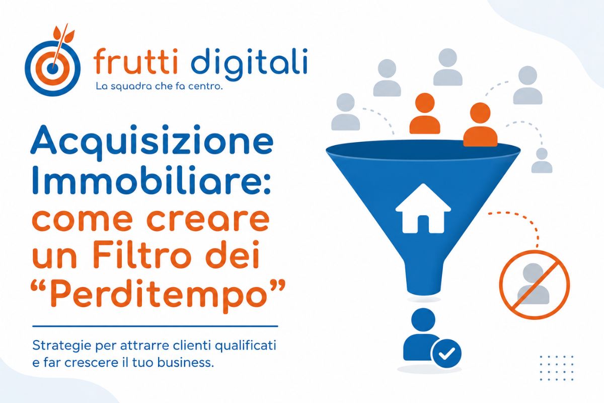 Illustrazione minimalista dedicata all'acquisizione immobiliare con un imbuto che filtra i contatti, rappresentando una strategia per eliminare i perditempo e attrarre proprietari realmente interessati a conferire un incarico di vendita.