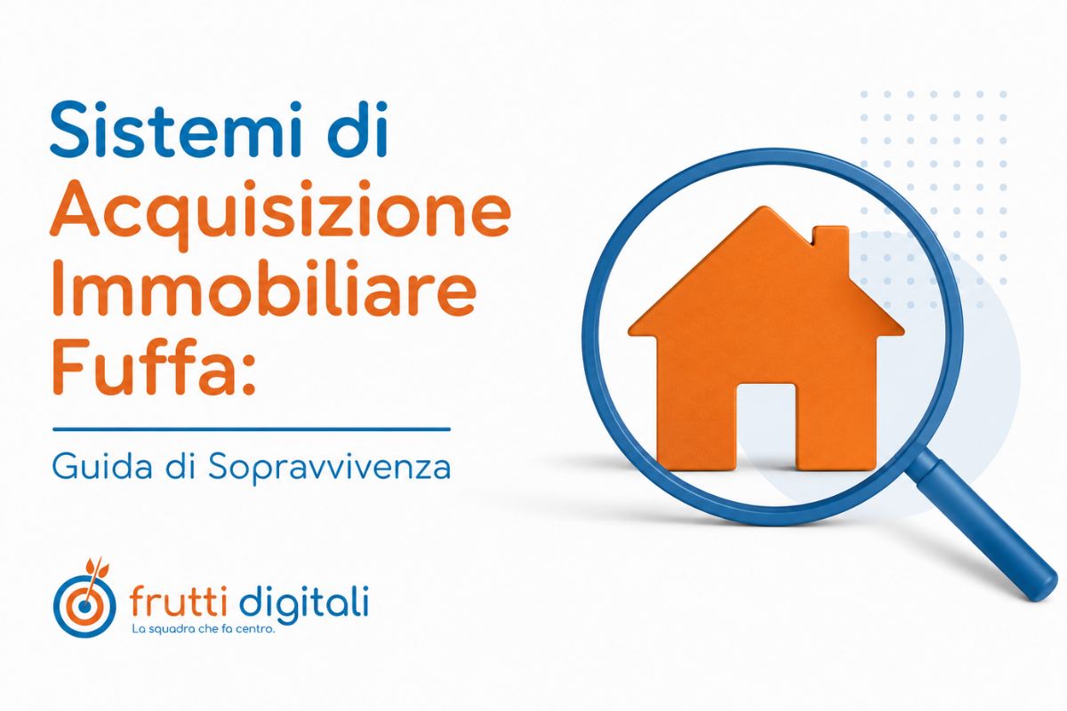 Illustrazione minimal con una lente d'ingrandimento che evidenzia una casa e il titolo "Sistemi di Acquisizione Immobiliare Fuffa: Guida di Sopravvivenza", dedicata agli agenti immobiliari che desiderano evitare strategie di acquisizione poco efficaci.