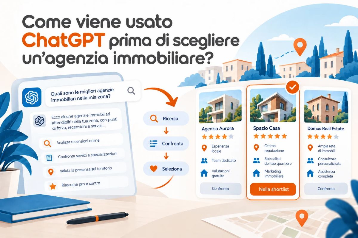 Illustrazione del percorso con cui un proprietario usa ChatGPT per cercare, confrontare e selezionare un’agenzia immobiliare.