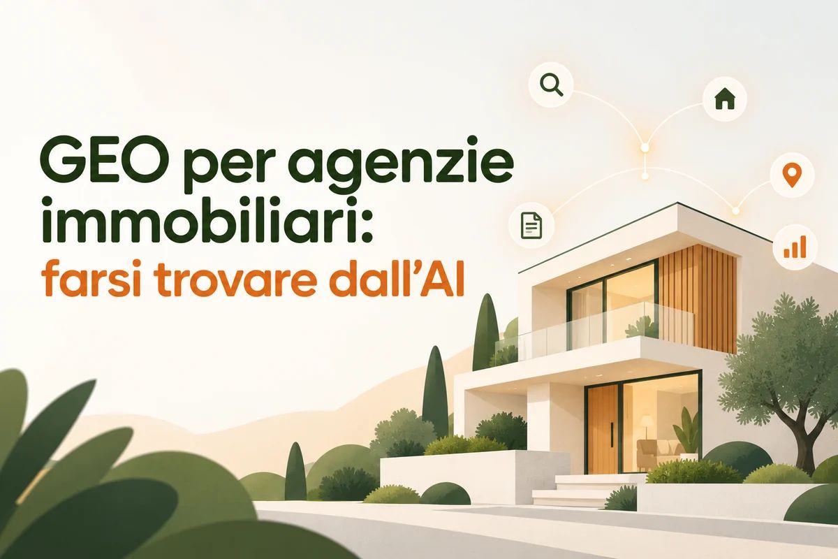 Illustrazione di una casa collegata a icone di ricerca e dati per spiegare la GEO nelle agenzie immobiliari.