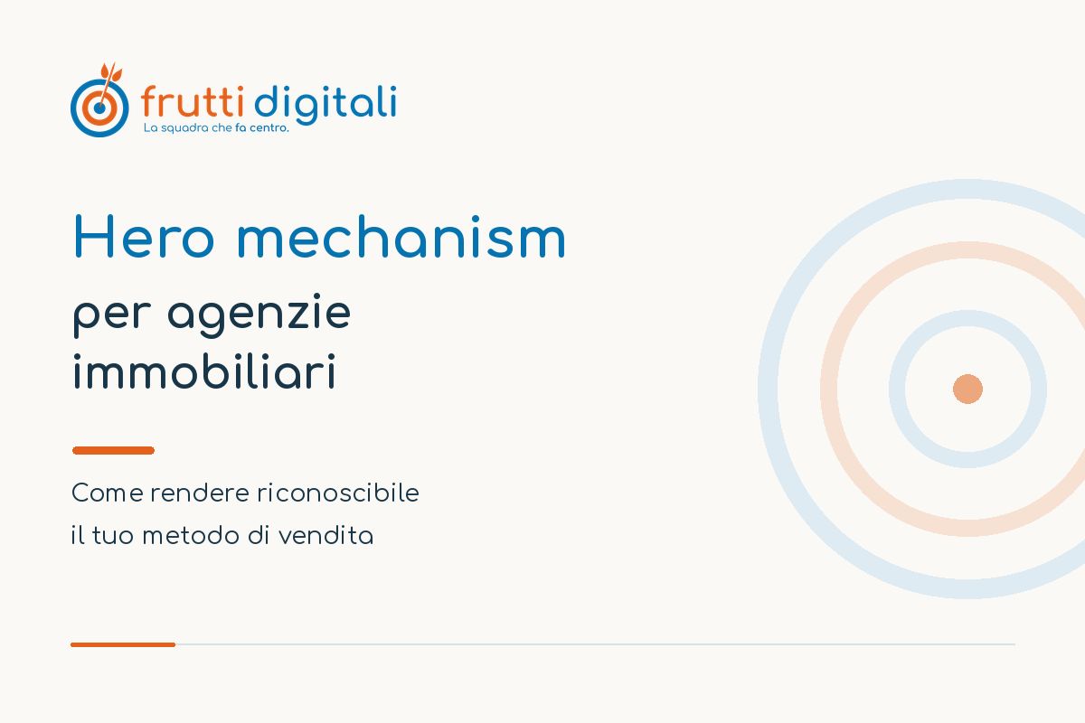 Copertina dell’articolo “Hero mechanism per agenzie immobiliari”, con logo Frutti Digitali e grafica a cerchi concentrici