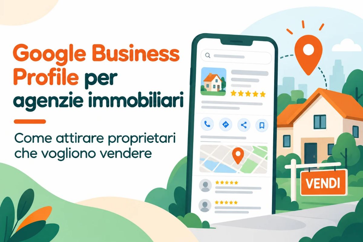 Illustrazione di Google Business Profile per agenzie immobiliari con scheda Google, recensioni, mappa e casa in vendita.