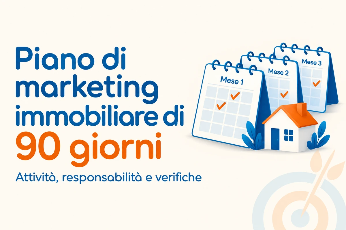 Piano di marketing immobiliare di 90 giorni: grafica con tre calendari mensili, una casa e il pittogramma di Frutti Digitali in trasparenza.